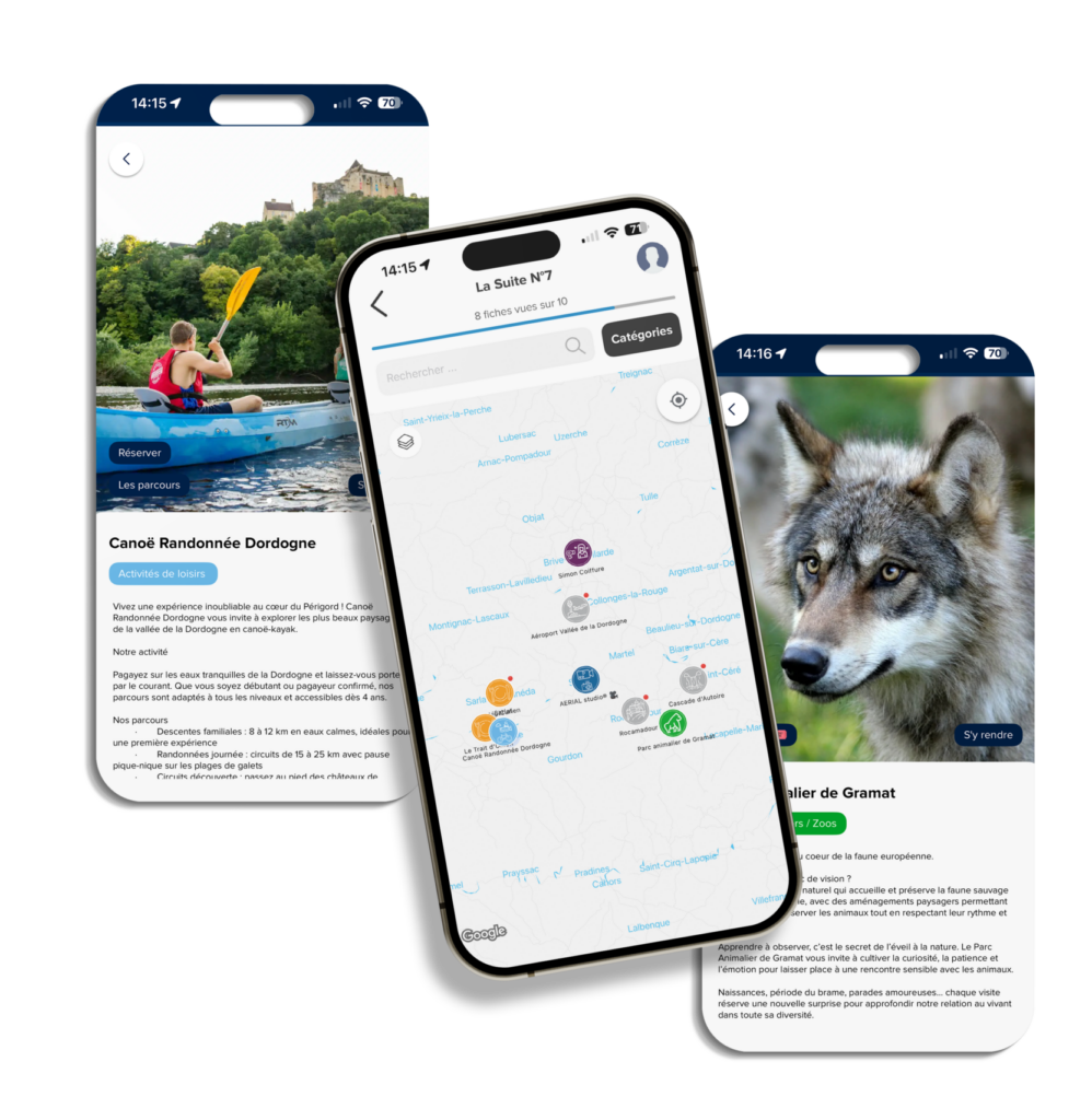 mockup de cartes interactives et fiches partenaires locaux dans livret d'accueil digital La Clé