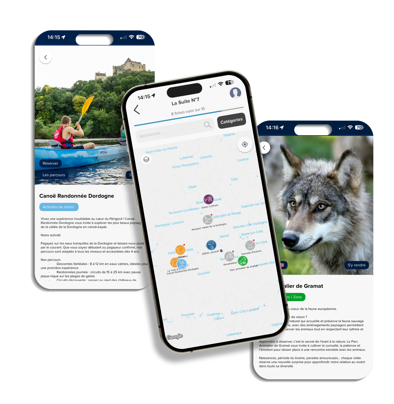 mockup de cartes interactives et fiches partenaires locaux dans livret d'accueil digital La Clé